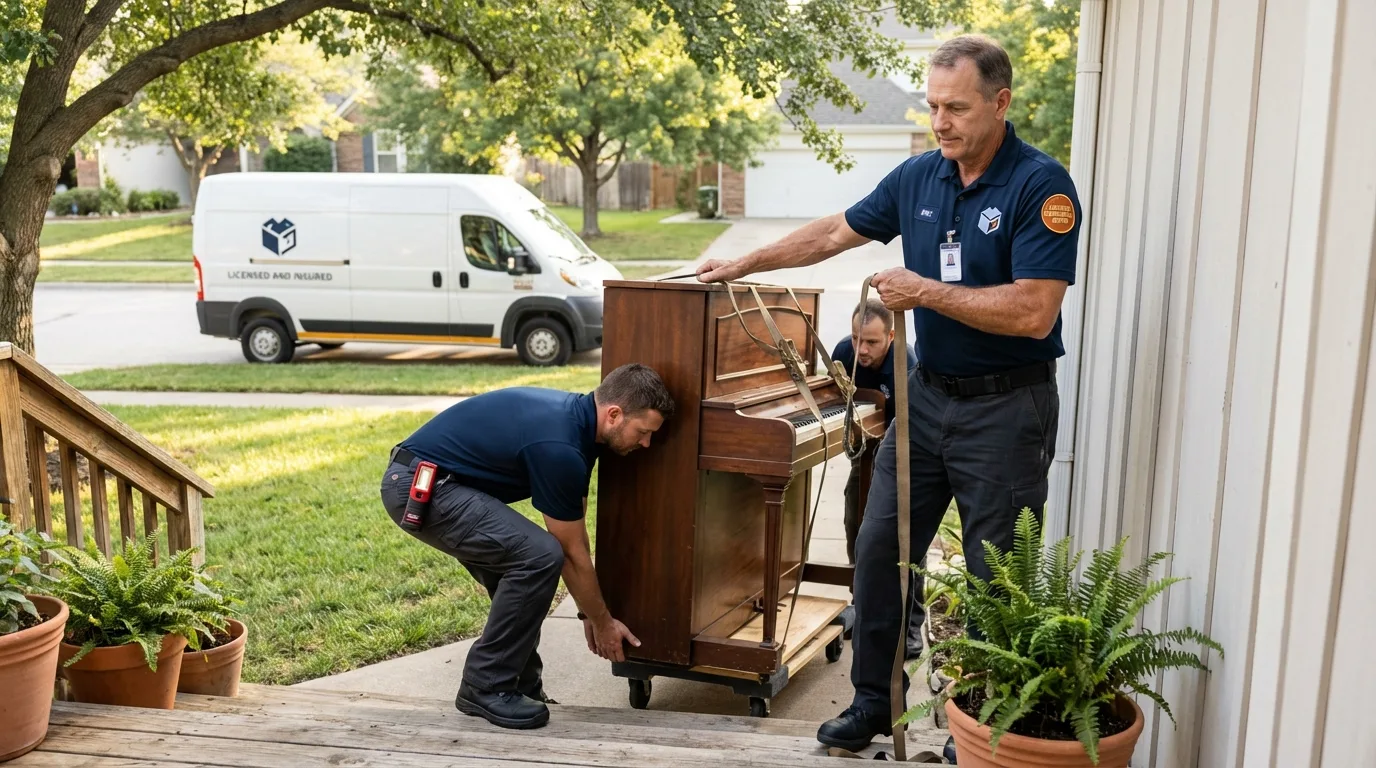 Licensed piano movers securing grand piano in West Wareham, MA