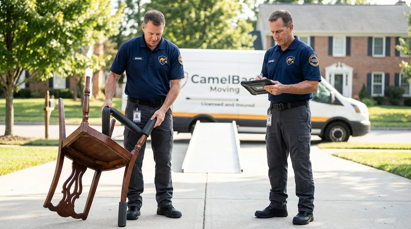 Movers inspecting furniture for damage prevention before loading in West Wareham, MA