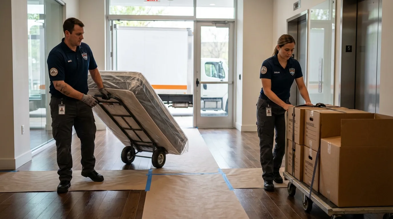 Professional apartment movers loading elevator in West Wareham, MA